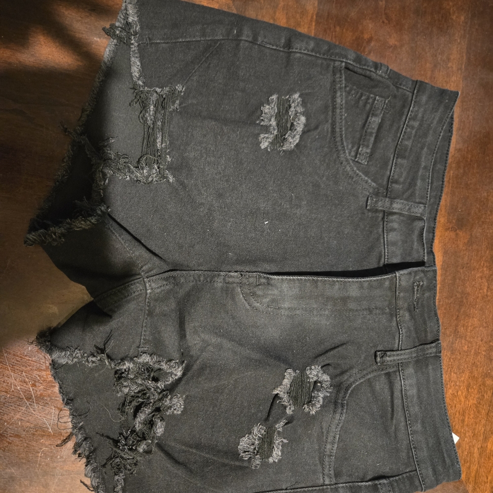 Distressed Black Denim Shorts